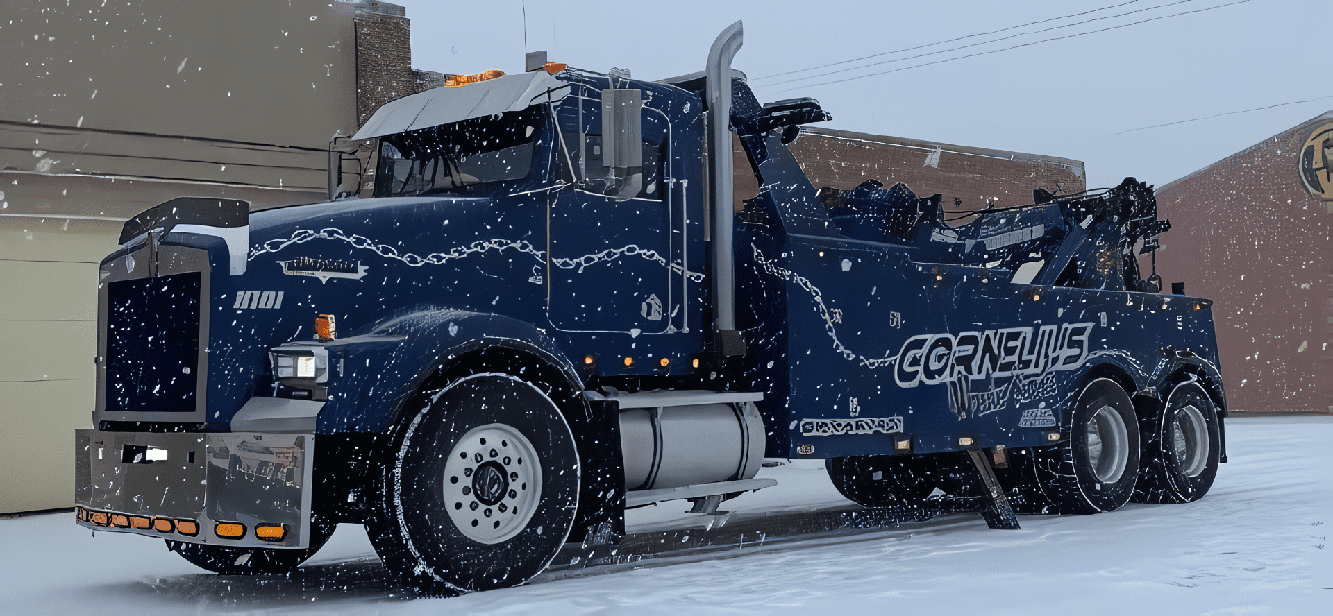 heavy duty towing wrecker in snow with recovery winch equipment